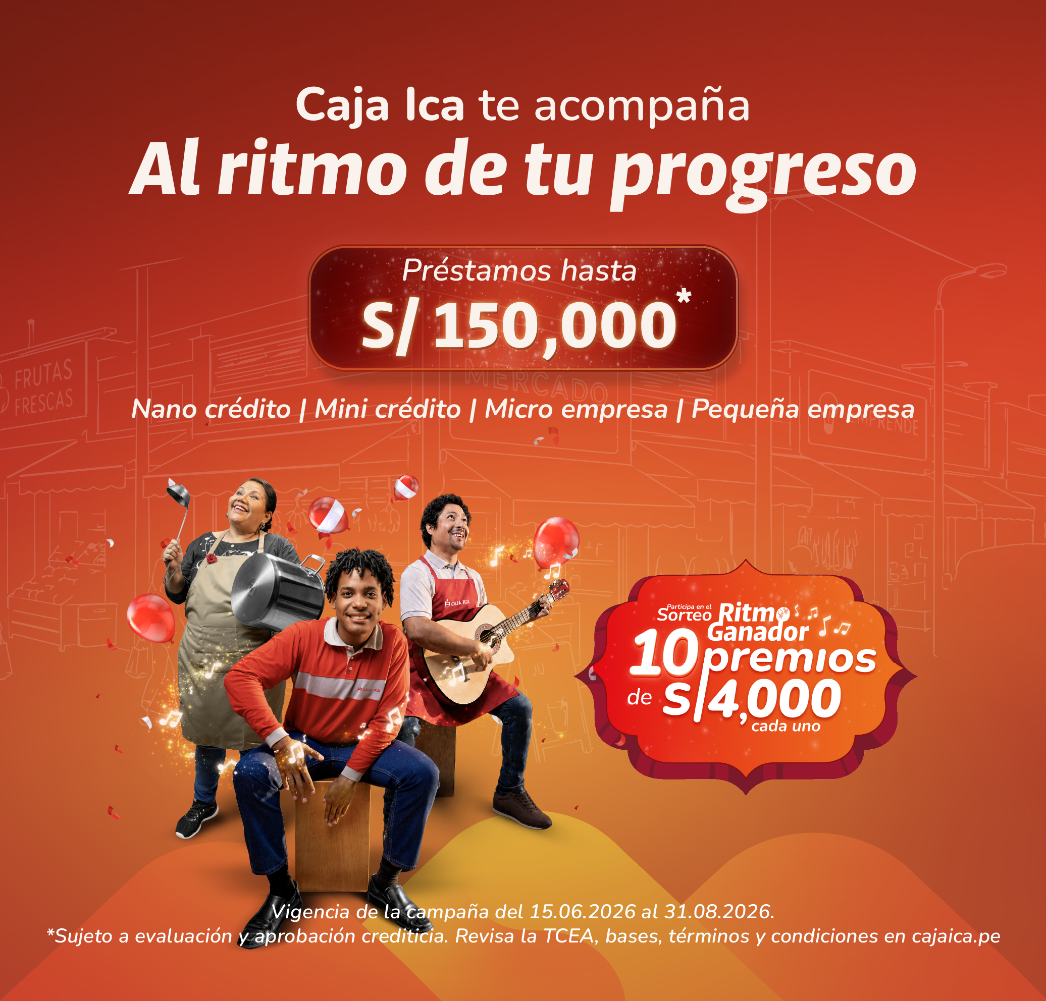 Banner de Fiestas Patrias Caja Ica: Préstamos de hasta S/ 150,000 para campaña de negocios.