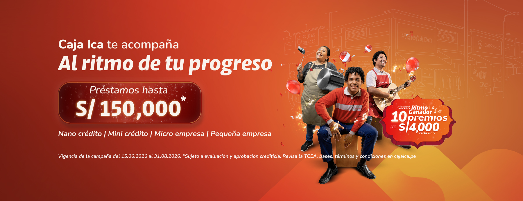 Banner de Fiestas Patrias Caja Ica: Préstamos de hasta S/ 150,000 para campaña de negocios.