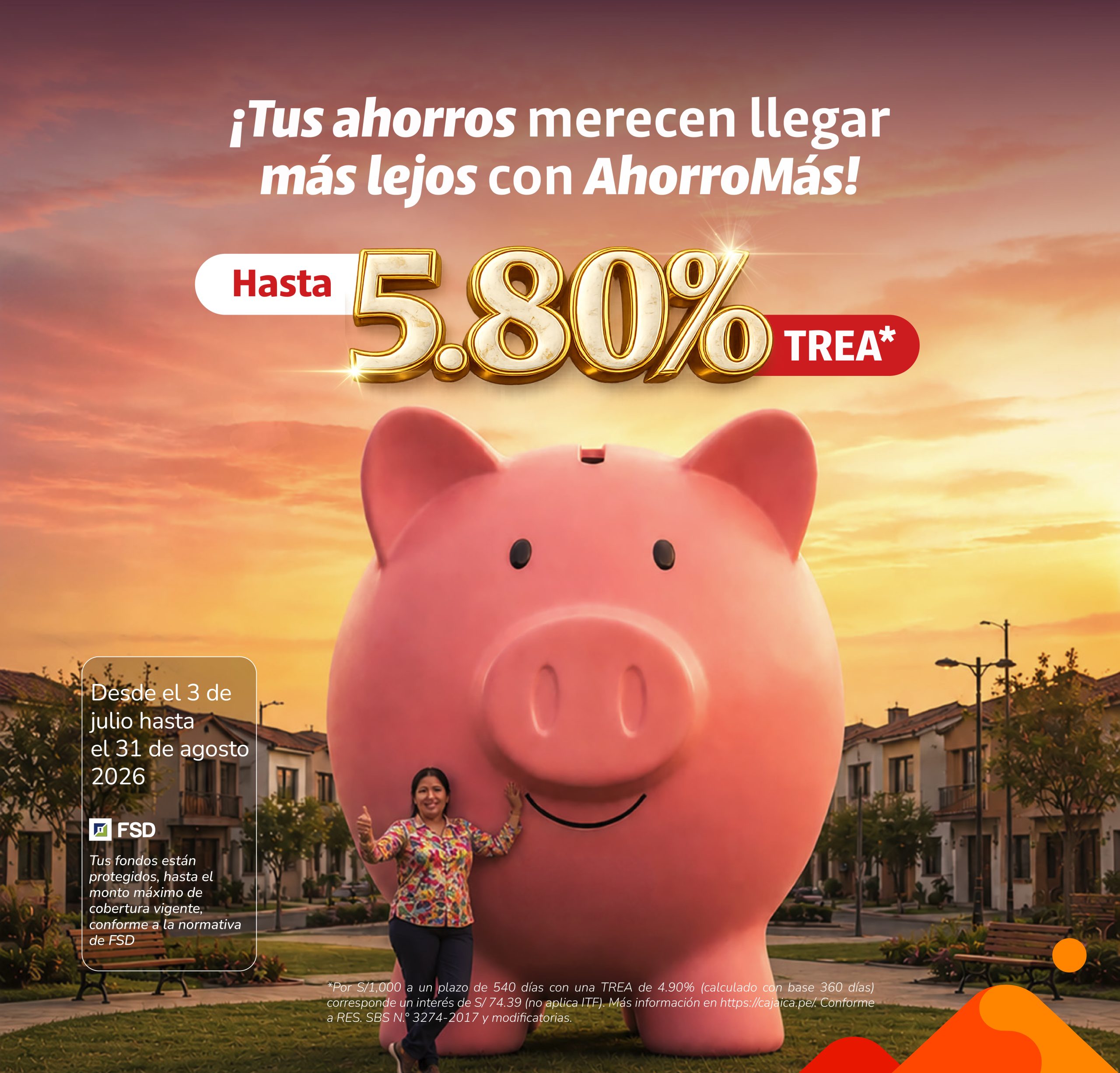 Banner de Caja Ica promocionando AhorroMás con hasta 5.80% TREA y una alcancía gigante junto a una cliente.